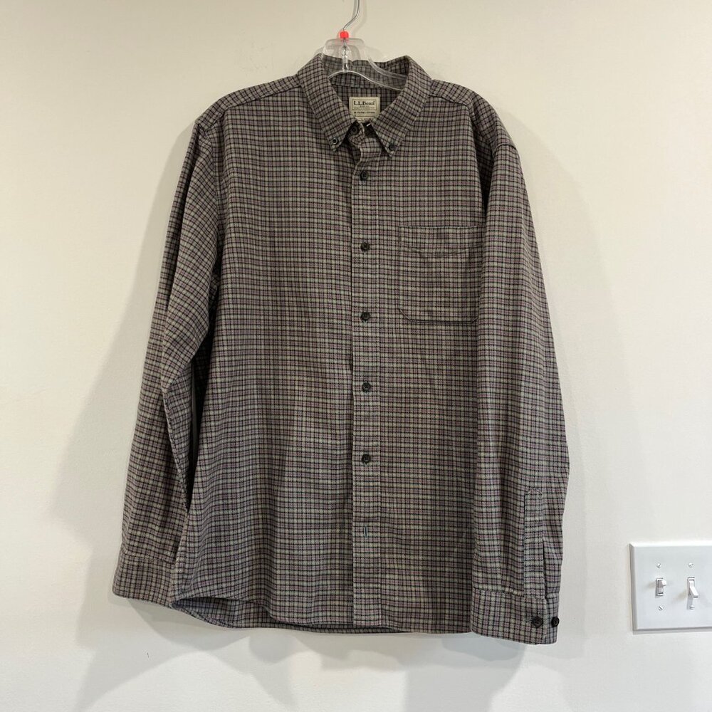 LL Bean Gray Plaid Flannel Long Sleeve Button Down Shirt Outdoors Casual  Large